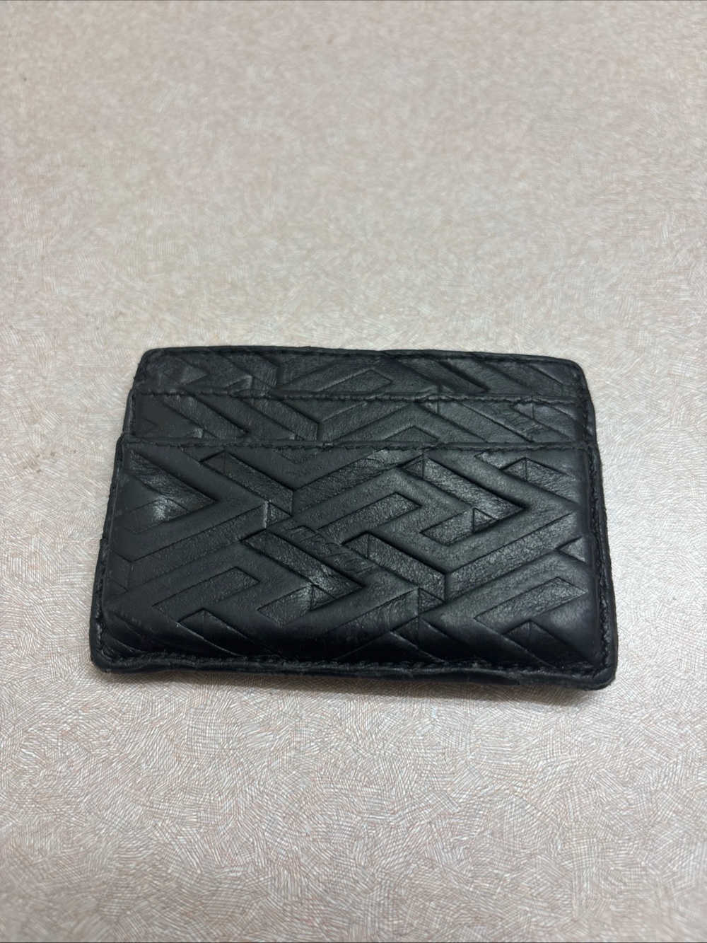 Versace La Greca Card Case Wallet Black Embossed Leather Slim Front Pocket